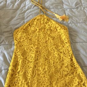 Revolve lace Golden Yellow midi halter dress.